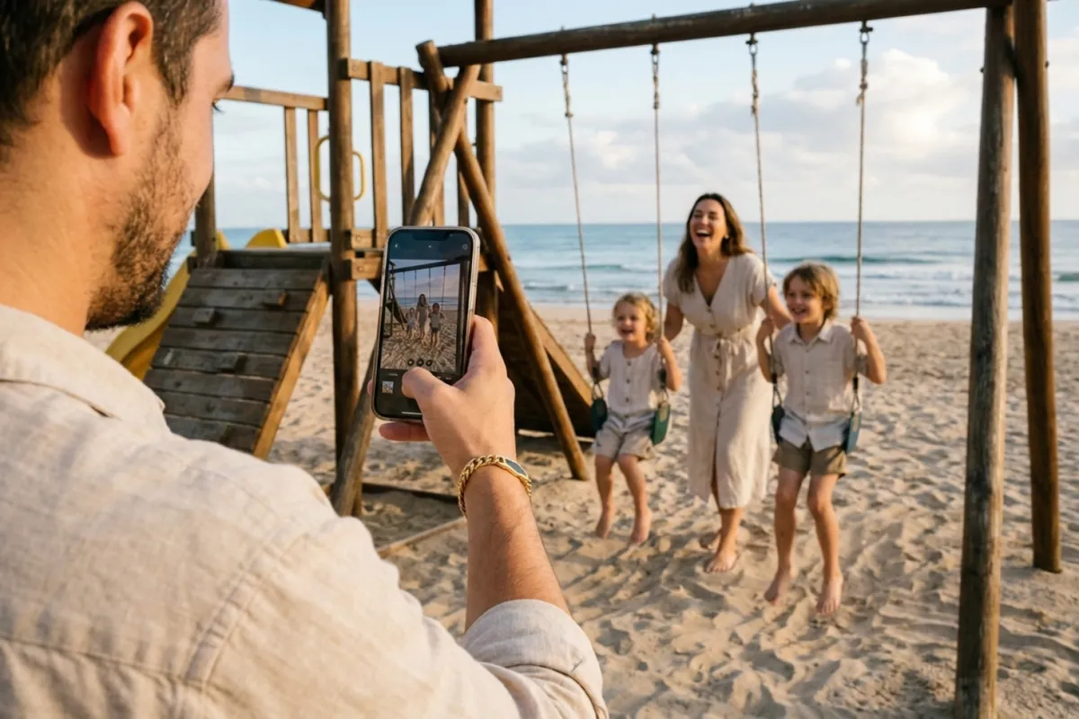 Familienurlaub am Strand-Spielplatz — Vater fotografiert mit dem Smartphone Mutter und zwei lachende Kinder an der Schaukel, am Handgelenk trägt er ein inTatches-Armband